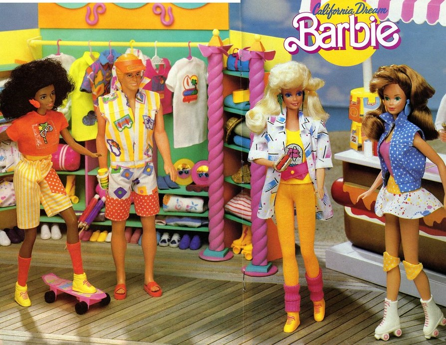 Barbie, Ken, Christie, and Stacey stand outside a shop in fun 1980s attire, including rollerskates, leg warmers, and of course, big hair